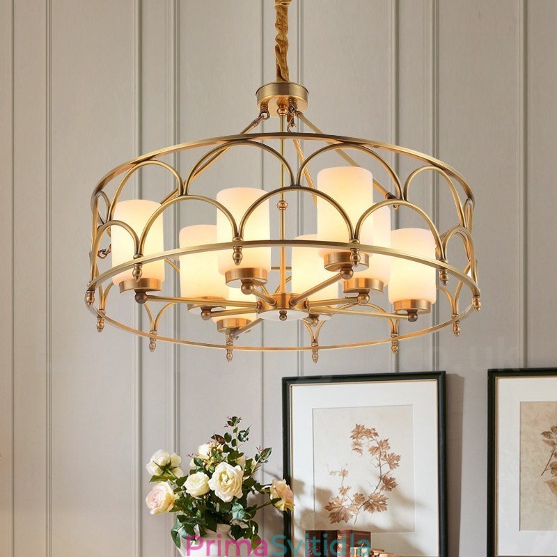 8 Light Retro Rustikální luxusní mosazný závěsný lustr se skleněným stínidlem