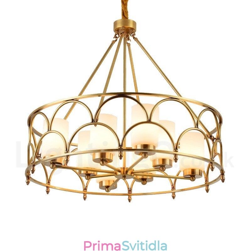 8 Light Retro Rustikální luxusní mosazný závěsný lustr se skleněným stínidlem