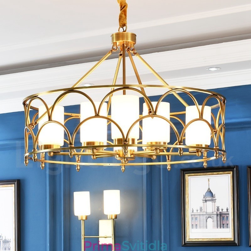 8 Light Retro Rustikální luxusní mosazný závěsný lustr se skleněným stínidlem