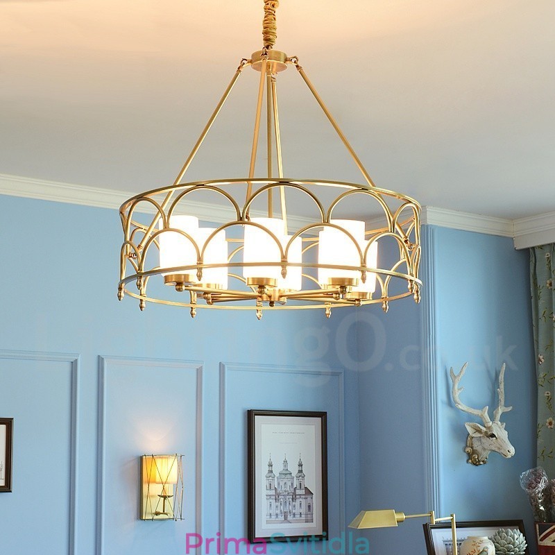 8 Light Retro Rustikální luxusní mosazný závěsný lustr se skleněným stínidlem