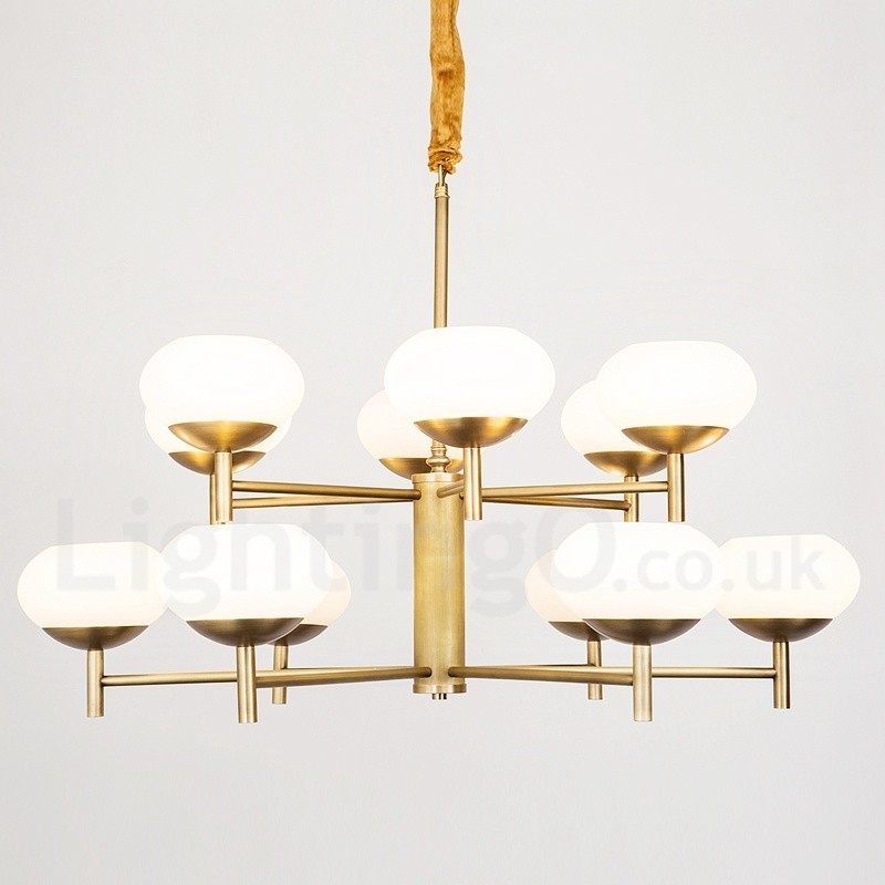 12 Light Retro Rustikální luxusní mosazný závěsný lustr se skleněným stínidlem