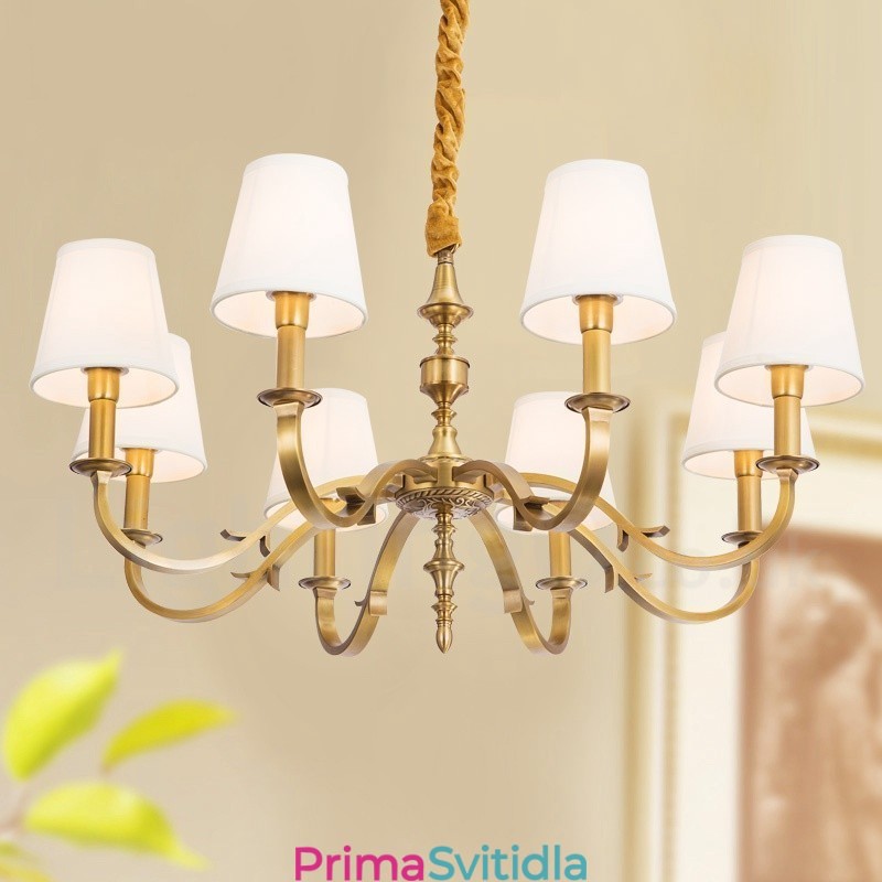 8 Light Retro Rustikální luxusní mosazný závěsný lustr s látkovým stínidlem