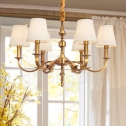 6 Light Retro Rustikální luxusní mosazný závěsný lustr s látkovým stínidlem