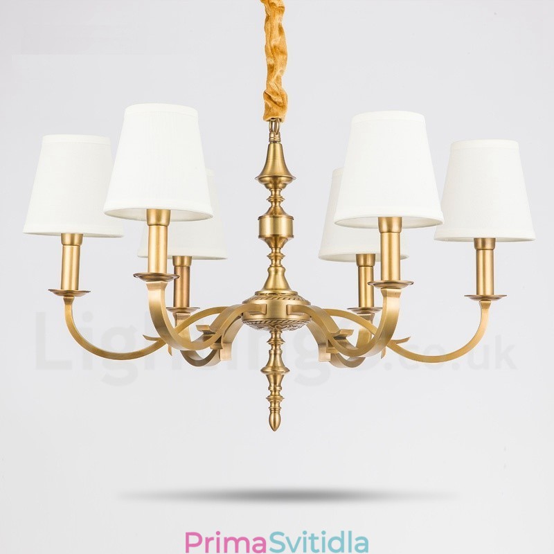 6 Light Retro Rustikální luxusní mosazný závěsný lustr s látkovým stínidlem