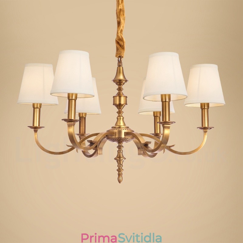 6 Light Retro Rustikální luxusní mosazný závěsný lustr s látkovým stínidlem
