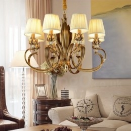8 Light Retro Rustikální luxusní mosazný závěsný lustr s látkovým stínidlem