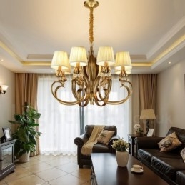 8 Light Retro Rustikální luxusní mosazný závěsný lustr s látkovým stínidlem