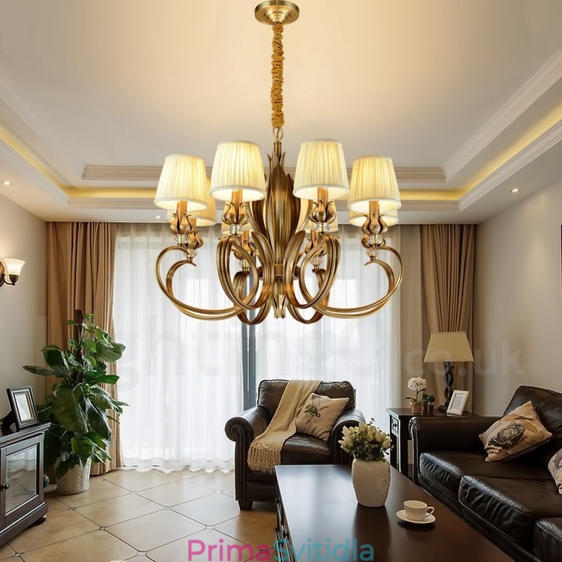 8 Light Retro Rustikální luxusní mosazný závěsný lustr s látkovým stínidlem