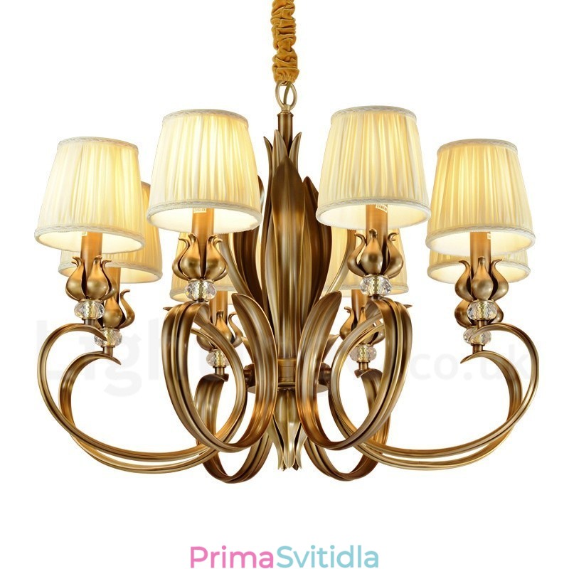 8 Light Retro Rustikální luxusní mosazný závěsný lustr s látkovým stínidlem