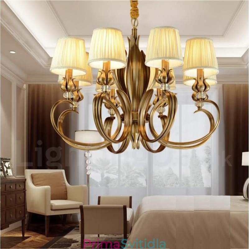 8 Light Retro Rustikální luxusní mosazný závěsný lustr s látkovým stínidlem