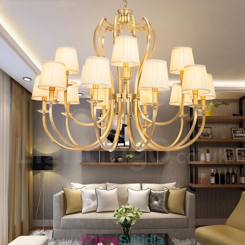 18 Light Retro Rustikální luxusní mosazný závěsný lustr s látkovým stínidlem