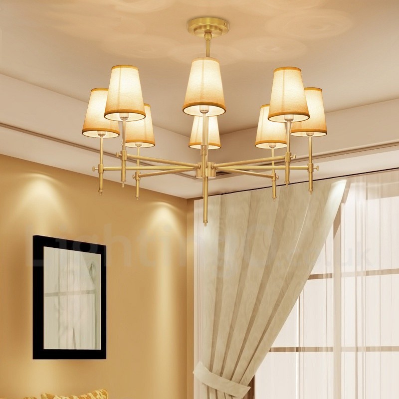 8 Light Retro Rustikální luxusní mosazný závěsný lustr s látkovým stínidlem