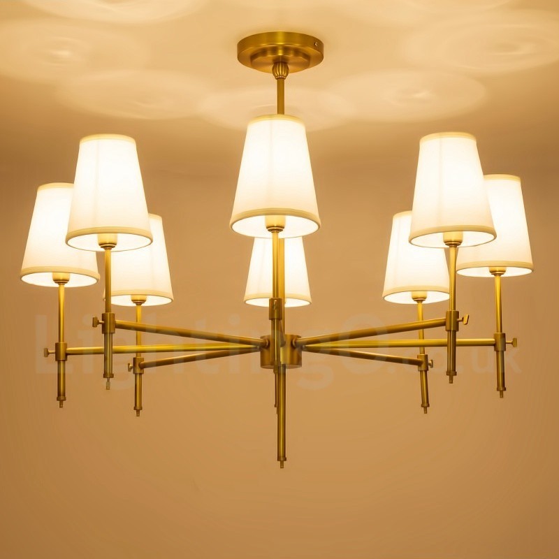8 Light Retro Rustikální luxusní mosazný závěsný lustr s látkovým stínidlem