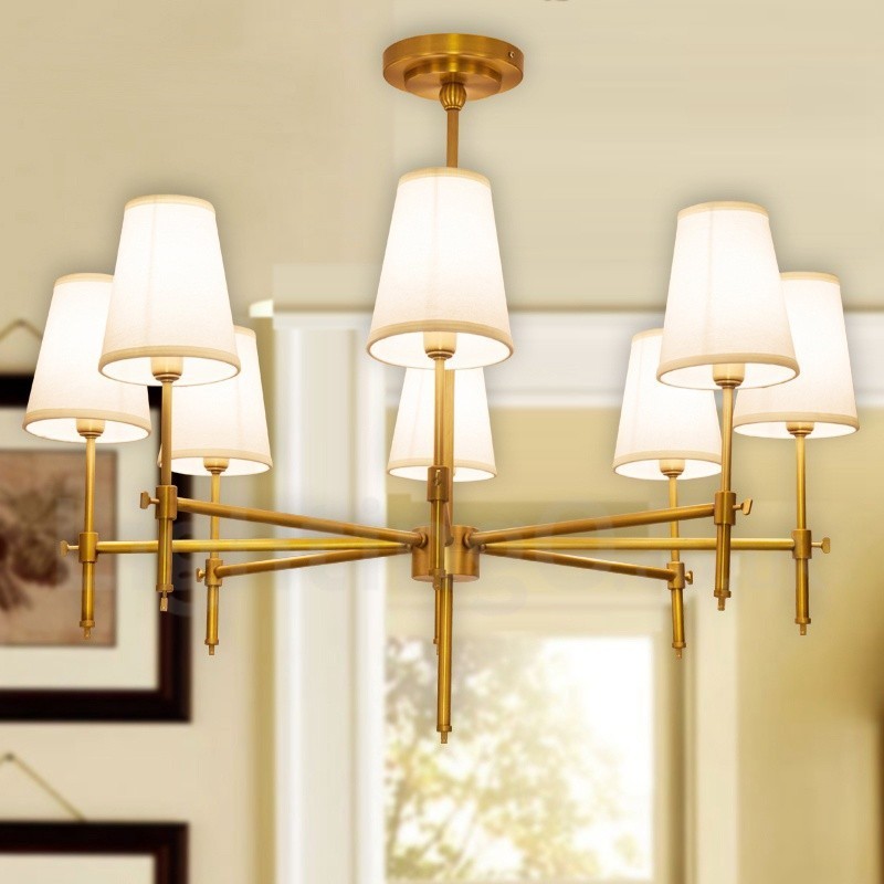 8 Light Retro Rustikální luxusní mosazný závěsný lustr s látkovým stínidlem