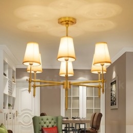6 Light Retro Rustikální luxusní mosazný závěsný lustr s látkovým stínidlem