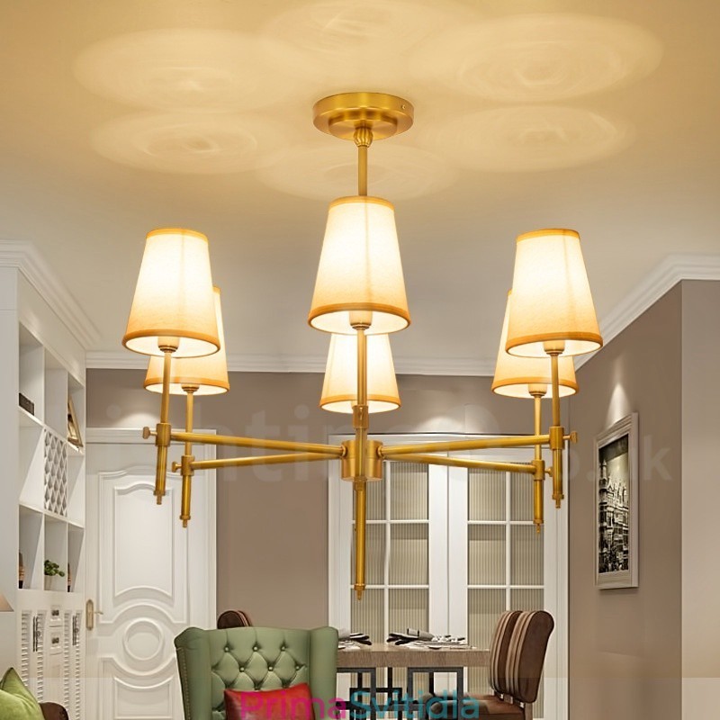 6 Light Retro Rustikální luxusní mosazný závěsný lustr s látkovým stínidlem