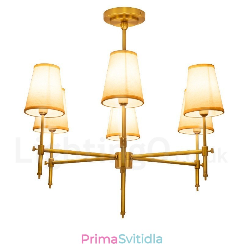 6 Light Retro Rustikální luxusní mosazný závěsný lustr s látkovým stínidlem