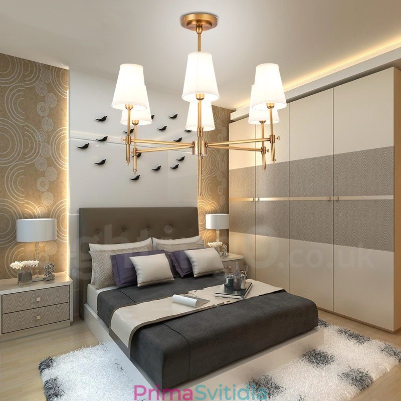 6 Light Retro Rustikální luxusní mosazný závěsný lustr s látkovým stínidlem