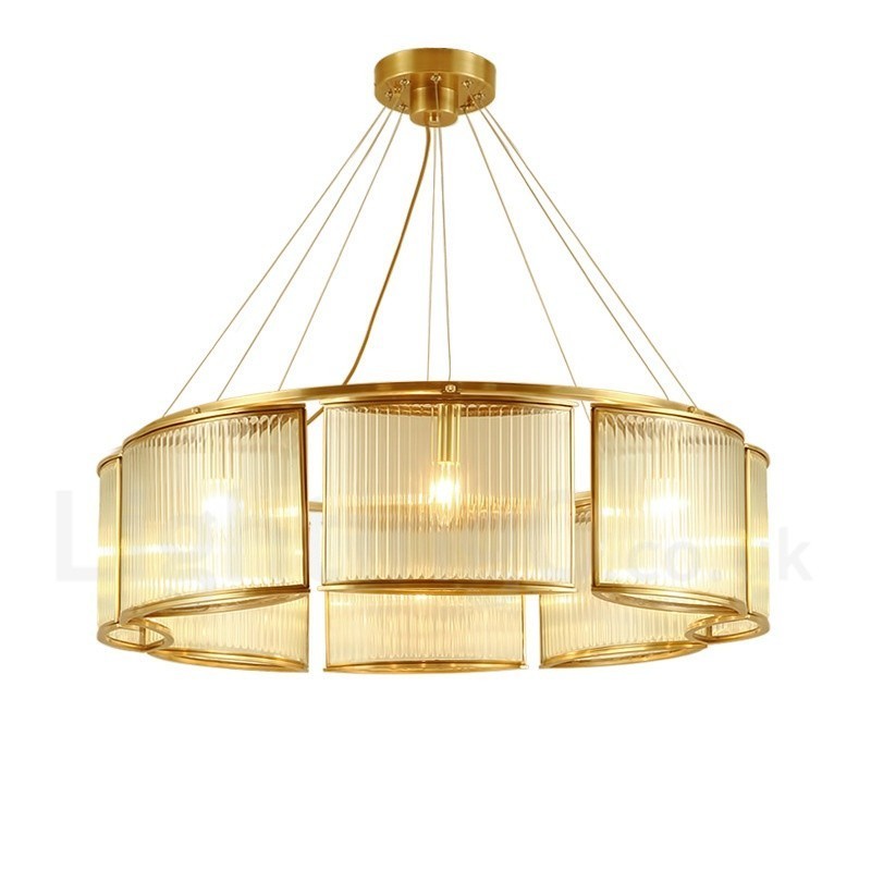 8 Light Retro Rustikální luxusní mosazný závěsný lustr se skleněným stínidlem