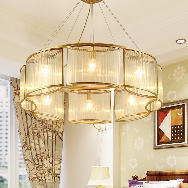 8 Light Retro Rustikální luxusní mosazný závěsný lustr se skleněným stínidlem