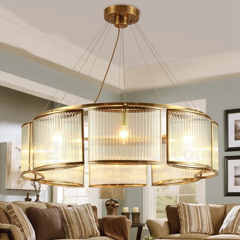 8 Light Retro Rustikální luxusní mosazný závěsný lustr se skleněným stínidlem