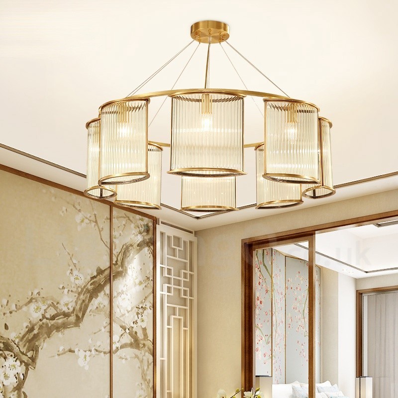 8 Light Retro Rustikální luxusní mosazný závěsný lustr se skleněným stínidlem
