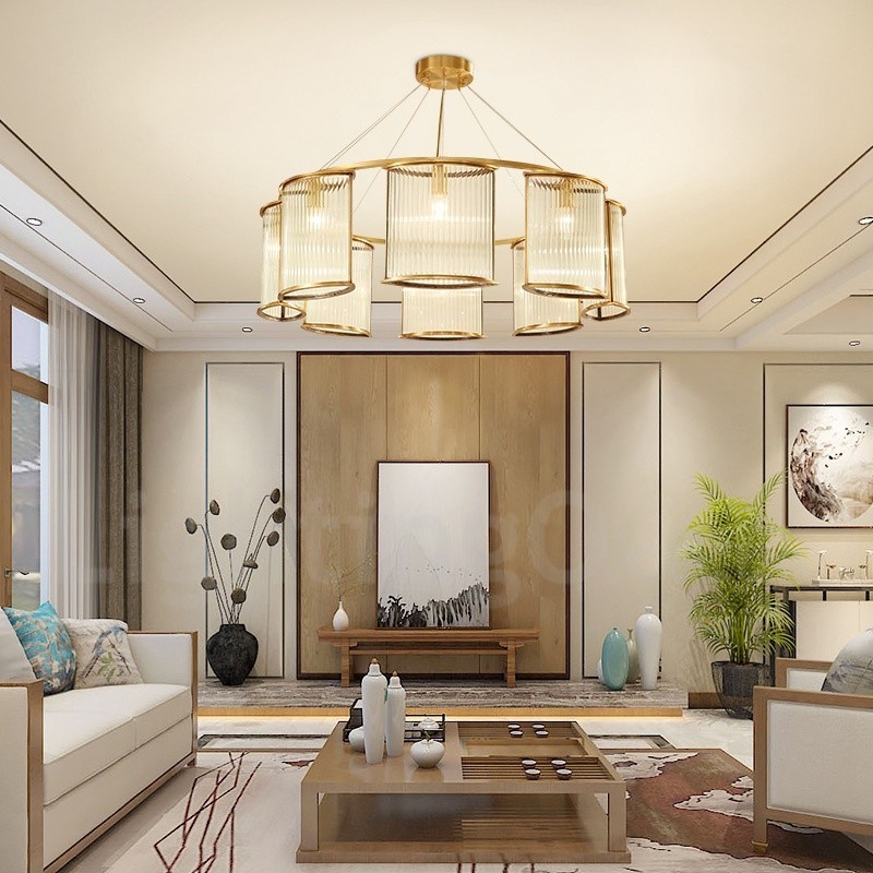 8 Light Retro Rustikální luxusní mosazný závěsný lustr se skleněným stínidlem