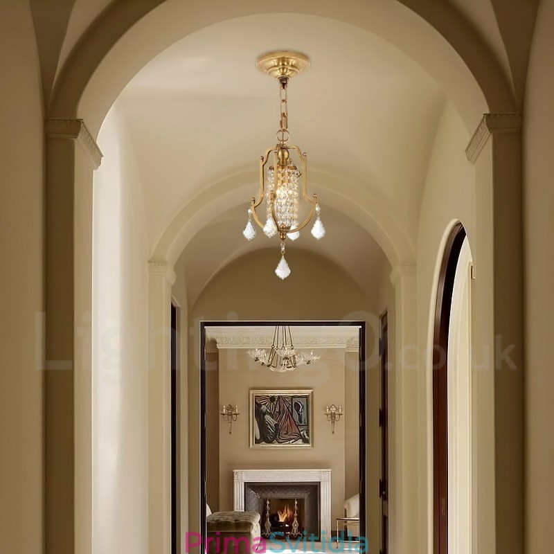 1 Lehký retro rustikální luxusní mosazný závěsný lustr s křišťálovým stínidlem