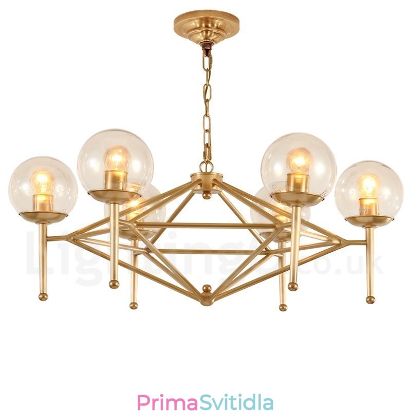 6 Light Retro Rustikální luxusní mosazný závěsný lustr se skleněným stínidlem