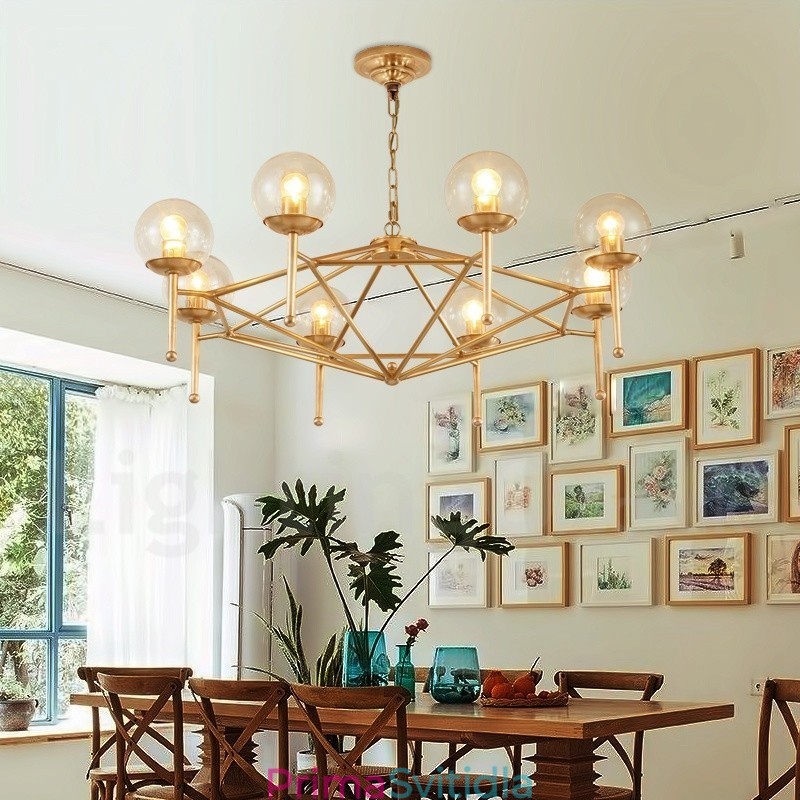 6 Light Retro Rustikální luxusní mosazný závěsný lustr se skleněným stínidlem