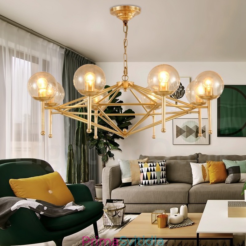 6 Light Retro Rustikální luxusní mosazný závěsný lustr se skleněným stínidlem