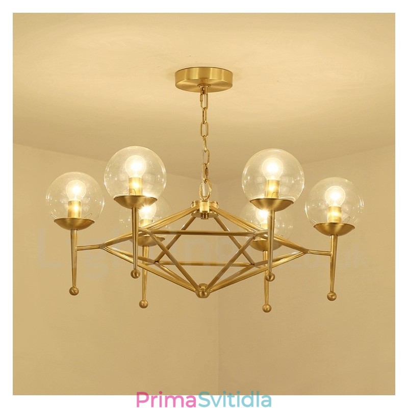6 Light Retro Rustikální luxusní mosazný závěsný lustr se skleněným stínidlem