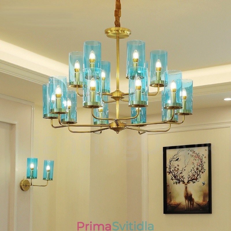 16 Light Retro Rustikální luxusní mosazný závěsný lustr se skleněným stínidlem