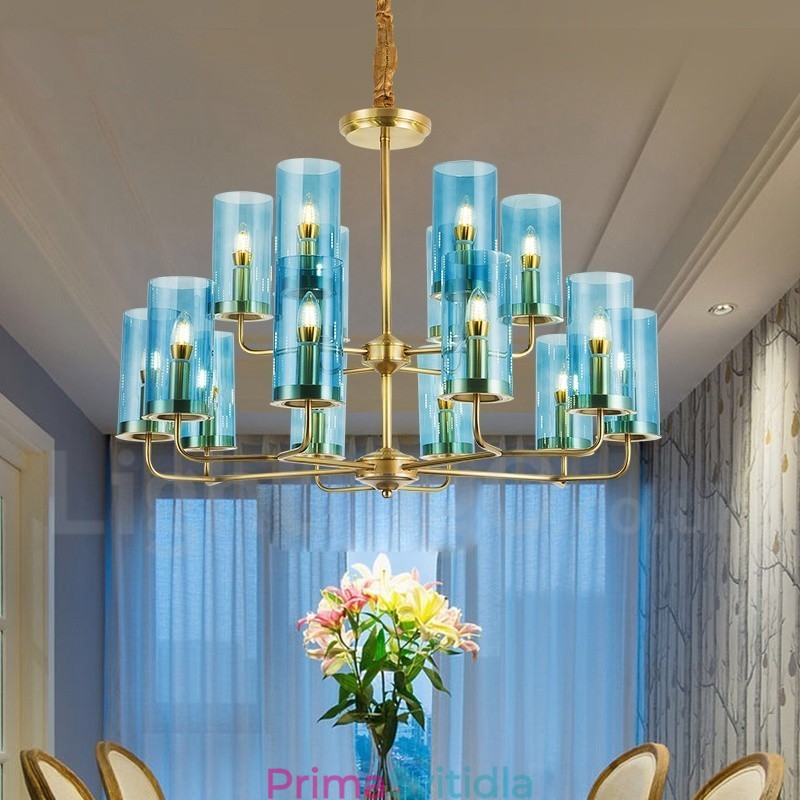 16 Light Retro Rustikální luxusní mosazný závěsný lustr se skleněným stínidlem