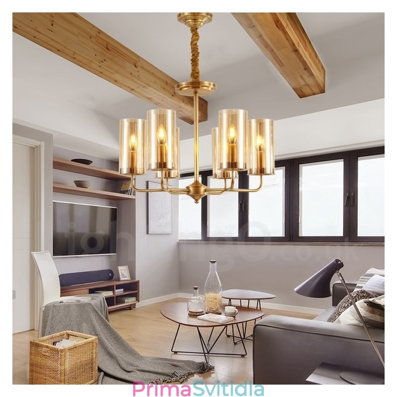 6 Light Retro Rustikální luxusní mosazný závěsný lustr se skleněným stínidlem