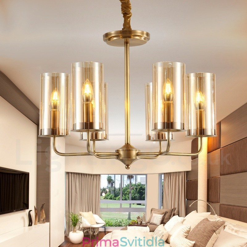 6 Light Retro Rustikální luxusní mosazný závěsný lustr se skleněným stínidlem