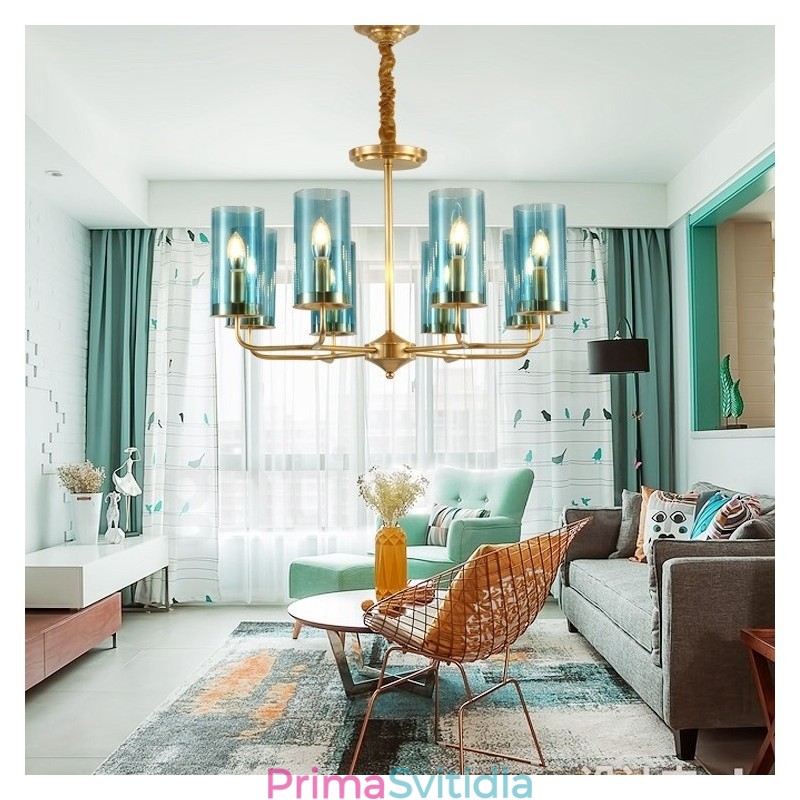 8 Light Retro Rustikální luxusní mosazný závěsný lustr se skleněným stínidlem