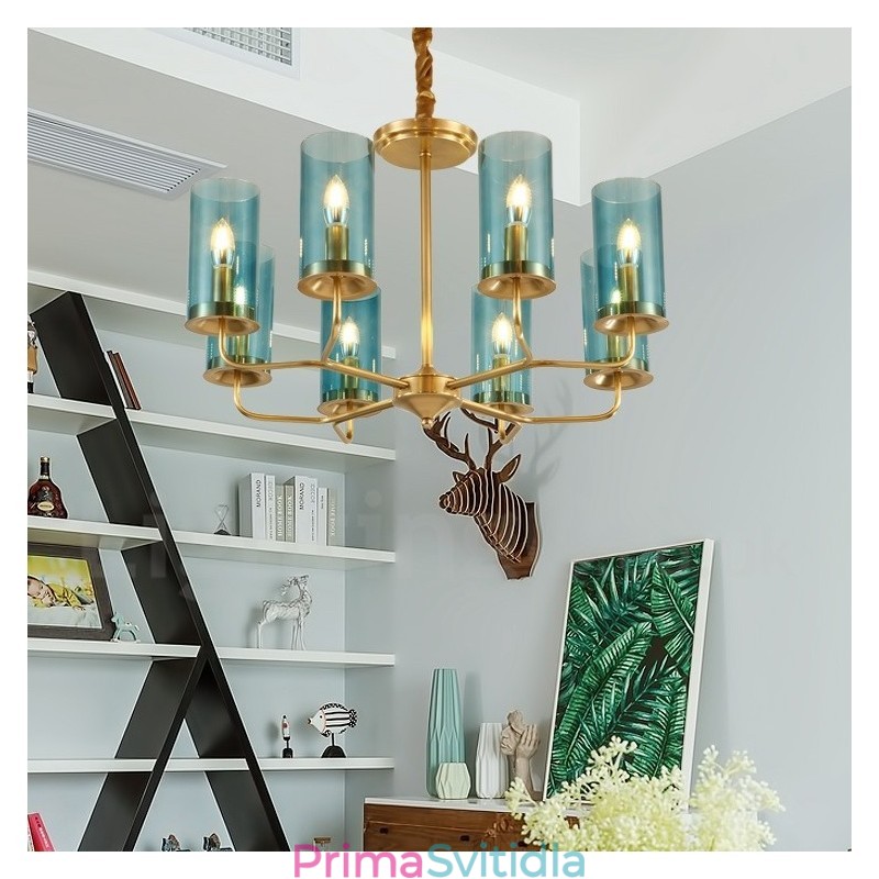 8 Light Retro Rustikální luxusní mosazný závěsný lustr se skleněným stínidlem