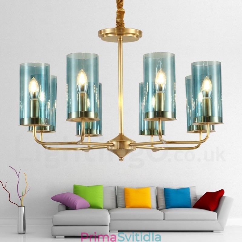 8 Light Retro Rustikální luxusní mosazný závěsný lustr se skleněným stínidlem