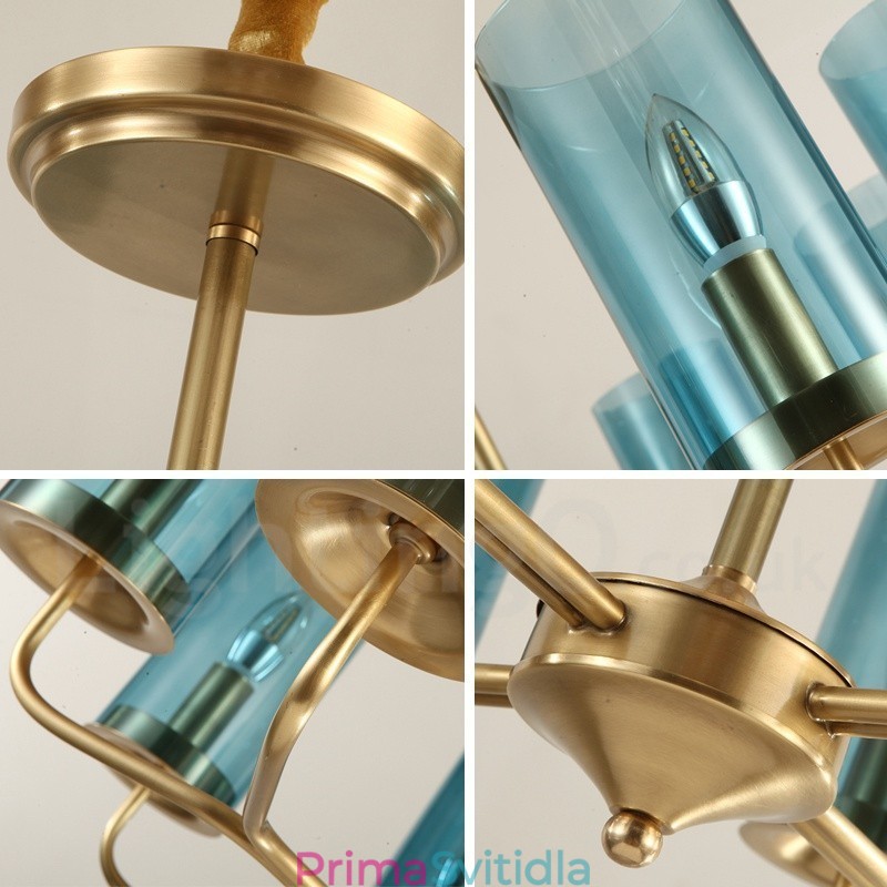 8 Light Retro Rustikální luxusní mosazný závěsný lustr se skleněným stínidlem