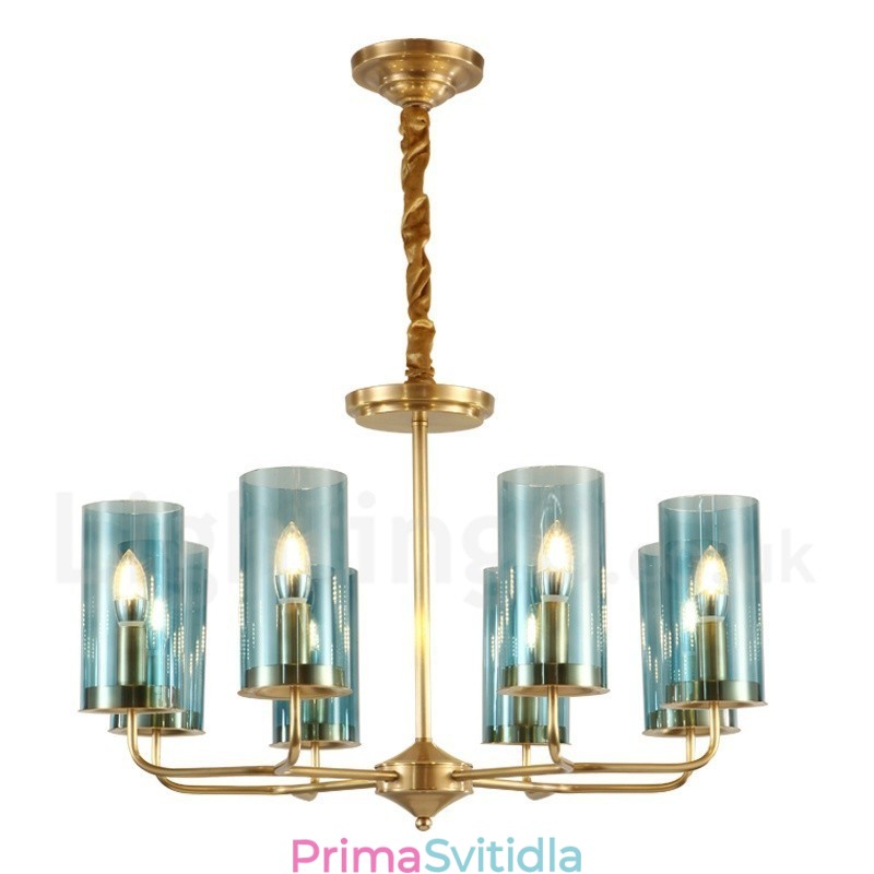 8 Light Retro Rustikální luxusní mosazný závěsný lustr se skleněným stínidlem