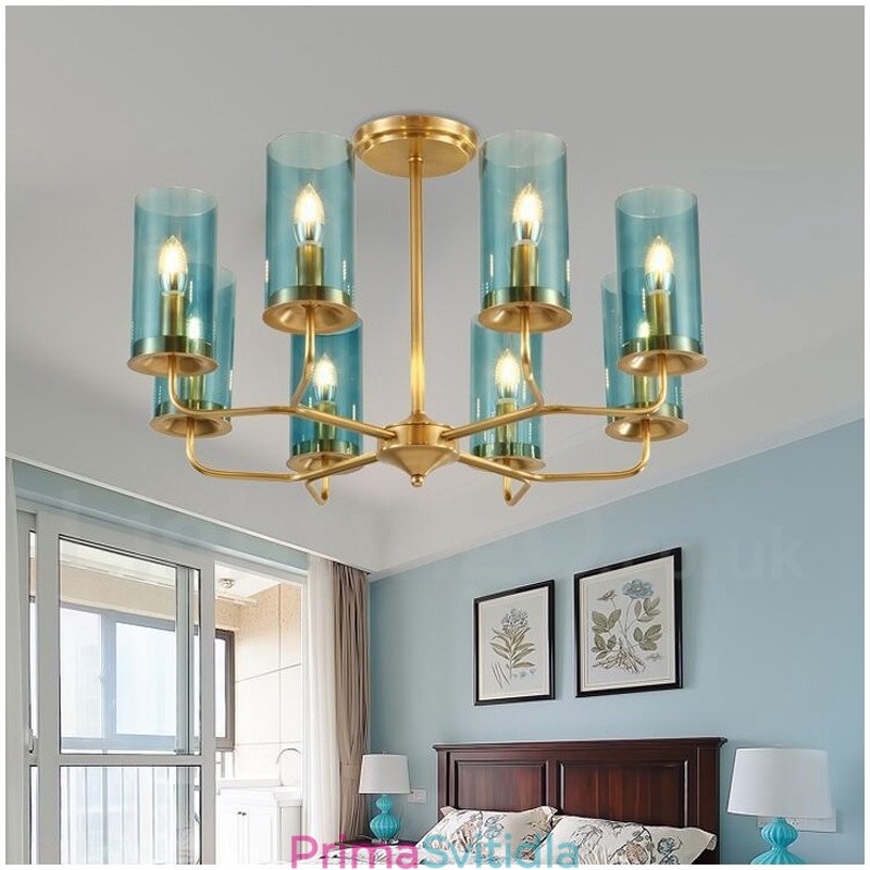 8 Light Retro Rustikální luxusní mosazný závěsný lustr se skleněným stínidlem