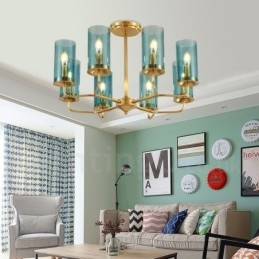 8 Light Retro Rustikální luxusní mosazný závěsný lustr se skleněným stínidlem