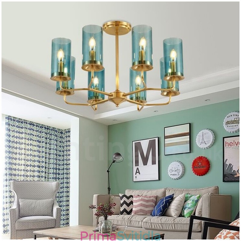 8 Light Retro Rustikální luxusní mosazný závěsný lustr se skleněným stínidlem
