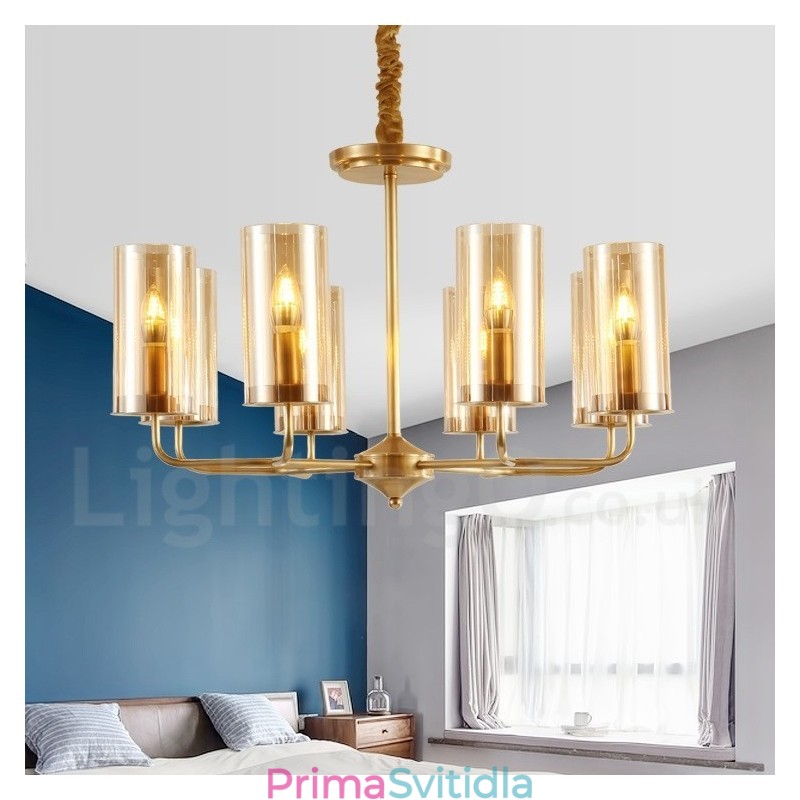 8 Light Retro Rustikální luxusní mosazný závěsný lustr se skleněným stínidlem