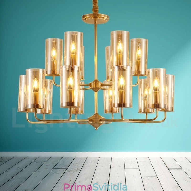 16 Light Retro Rustikální luxusní mosazný závěsný lustr se skleněným stínidlem