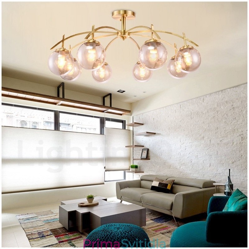 8 Light Retro Rustikální luxusní mosazný závěsný lustr se skleněným stínidlem