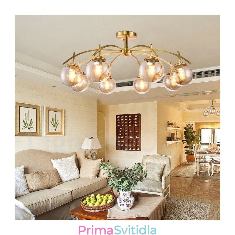 8 Light Retro Rustikální luxusní mosazný závěsný lustr se skleněným stínidlem