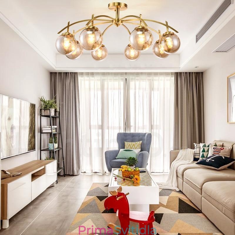 8 Light Retro Rustikální luxusní mosazný závěsný lustr se skleněným stínidlem