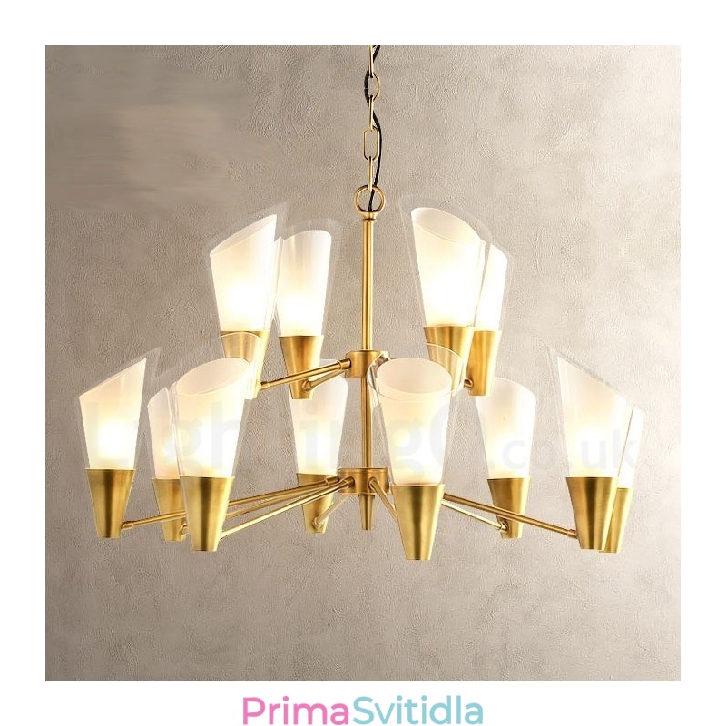 12 Light Retro Rustikální luxusní mosazný závěsný lustr se skleněným stínidlem